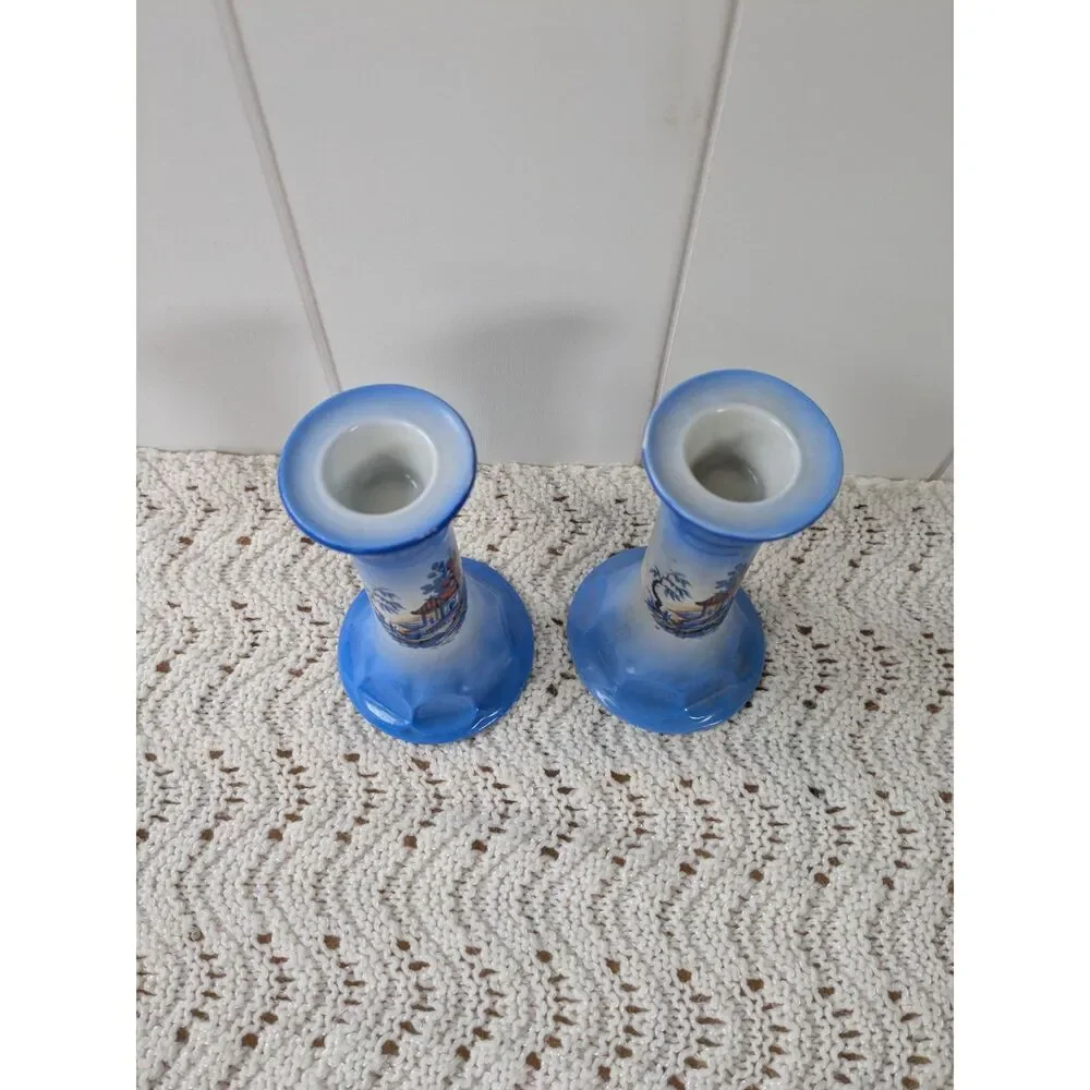 2 Pcs Porcelain Candlestick Holders - Blue with Japanese Garden Scene